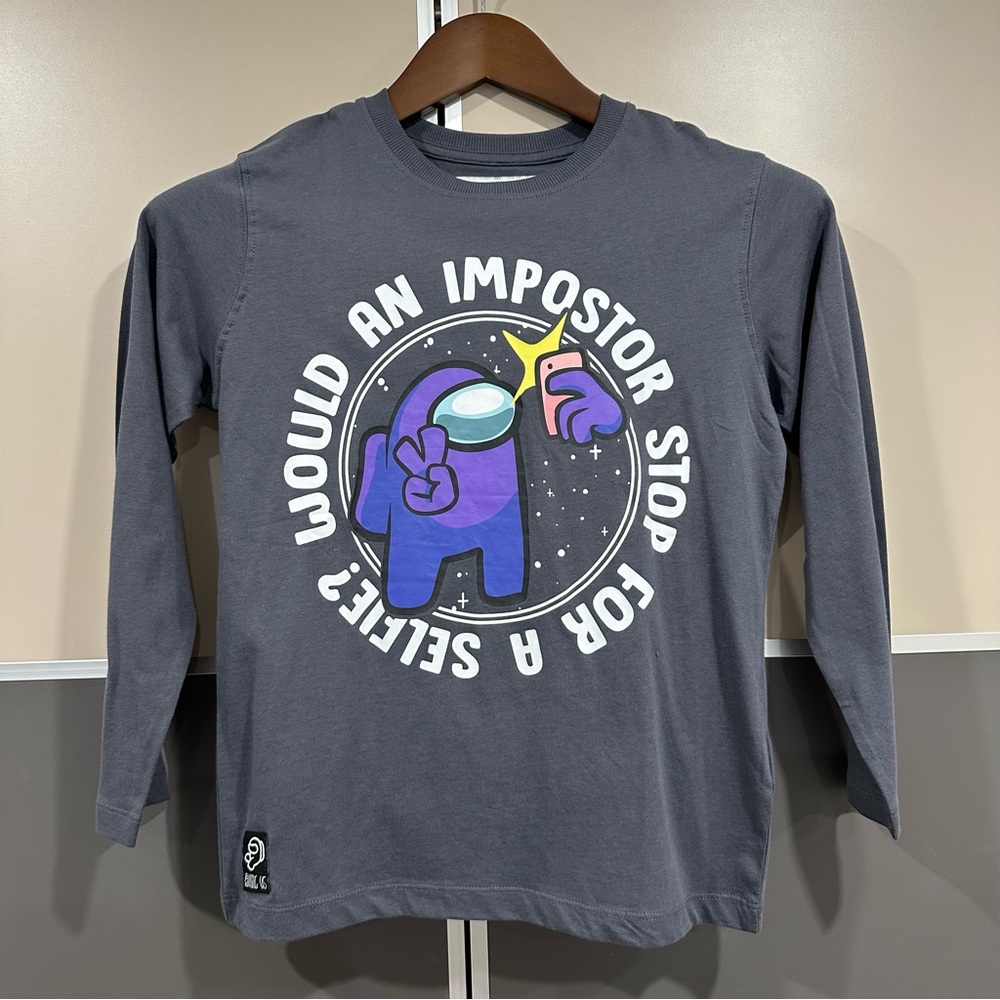 Zara Kids Gray Long Sleeve Among Us Graphic Print T-shirt Size 8-9